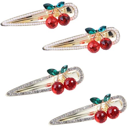 4 stk. Søde Kirsebær-Andenæbsklemmer med Rhinestone-Perler Kirsebærgrønne Blade Hårnåle til Kvinder Temperament Søde Hårclips Piger