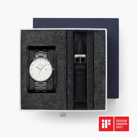 Nordgreen - Minimalistische Uhr in Anthrazit - Philosopher - SET Weißes Ziffernblatt Anthrazit | Armbänder 3-Link / Schwarz