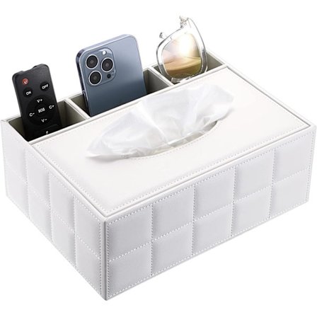 Rektangulær vævsboks i PU-læder til hjem og kontor med rum til fjernbetjening - Vævsholder til skrivebord, organiseringsboks