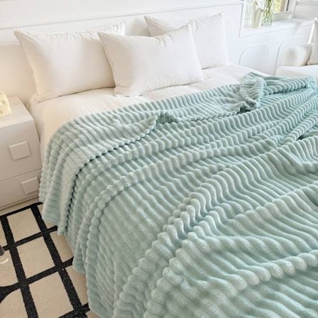 Kaninpelsstribet fleece tæppe, tykt vinterslummertæppe til eftermiddagshvil og hyggelig søvn