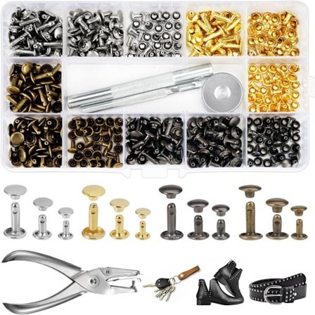 Læder Nitter 180 Dele 3 Størrelser Dobbelte Nitter Rørformede Metal Nitter, med 3 Dele Fastgørelsesværktøj og Hul Tang
