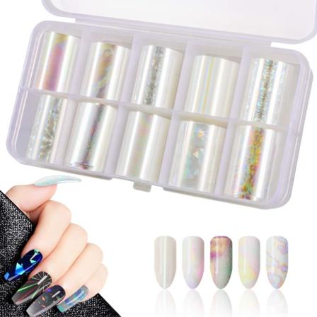 10 rullar White Pearl Color Holografisk Nail Foil Transfer Sticker Roll Set, Mix-Pattern Nail Art Stickers, Wraps Decals Starry Sky Manicure Sunmostar