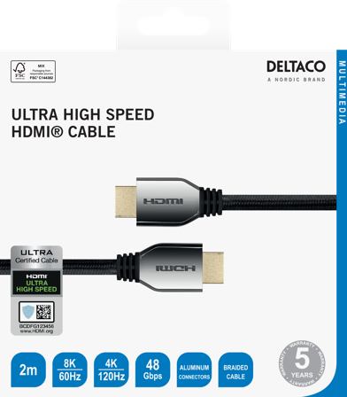 Deltaco Ultra High Speed HDMI cable, 8K 60Hz / 4K 120Hz, 2m, black