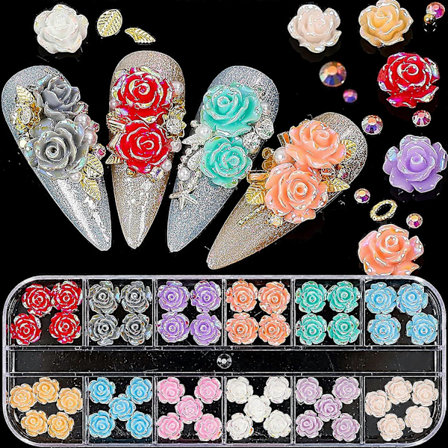 3D Rosblommor Nagelcharm Akryl Färgglada Rosblommor 3D Nagelkonst Charm AB Röd Rosa Blå Vit Grön Blomma Nagelcharm Flatback Konsttillbehör Su