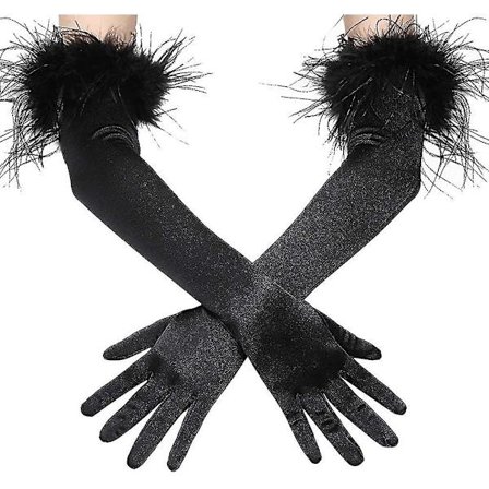 Pitkät satiinihansikkaat sulilla, ooppera, 1920-luvun tyyliin, morsiamen juhlahansikkaat