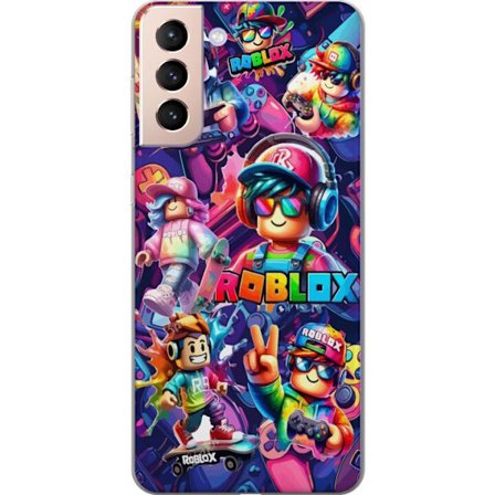 Kompatibelt Mobildeksel til Samsung Galaxy S21 Fargerik Roblox-inspirert gruppe med flere karakterer, hodetelefoner og kontrollere i en energifylt neo