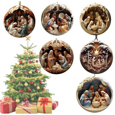 Julepynt med julekrybbe, for juletreet Jesus fødsel kristne dekorasjoner gave