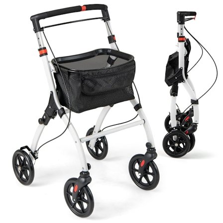 Smal rollator med 5-vägs höjdjustering & bricka & 4 hjul & bromsar gånghjälp