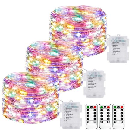3-pack Batteridrivna Ljusslingor med Fjärrkontroll och Timer, 10m 100LED Ljusslinga Batteri 8 Lägen IP65 Vattentät - Flerfärgad