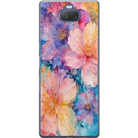 Yhteensopiva Puhelinkuori Sony Sony Xperia 10 Plus Vesivärimaalaus suurilla kukilla vaaleanpunaisissa, sinisissä ja keltaisissa sävyissä pehmeäss