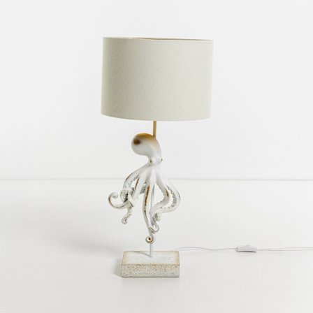 Octopus-pöytävalaisin, polyresiinijalka, harmaa/valkoinen kangas