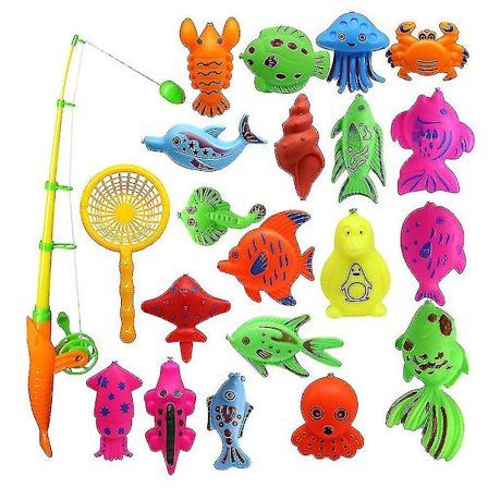 22-delt magnetisk fiskestangslegesæt, inklusive teleskopisk fiskestang og net, med 22 farverige havfiskeformede pædagogiske legetøj.