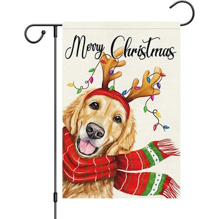 Glædelig Jul Haveflag 12x18 Dobbeltsidet, Burlap Velkommen Vinter Jul Golden Retriever Hund Havegård Flag (KUN FLAG)