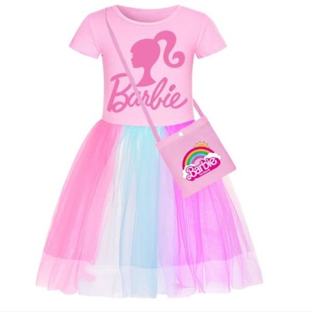 Barnepiger Barbie Regnbuestjerner Tyl Prinsessefest Fin Tutu Kjole Med Taske Pink-A