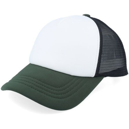 Beechfield - Vit trucker Keps - Black White/Dark Olive/Black Foam Retro A-Frame Trucker @ Hatstore