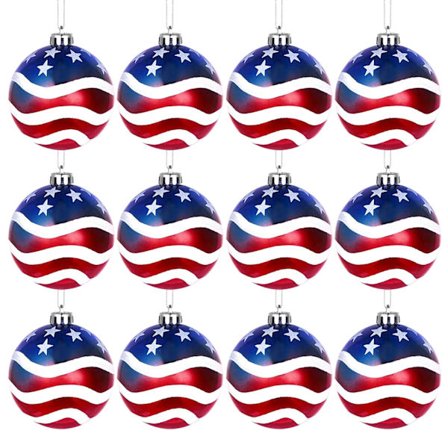 12 stk. 3-1/4" (80mm) patriotiske julekugleornamenter, amerikanske