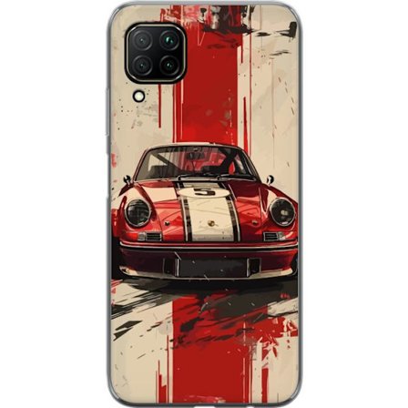 Huawei P40 lite Gennemsigtig cover Klassisk rød racer bil med hvide striber retro sports bil illustration til bilentusiaster og motorsport fans