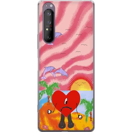 Kompatibel Mobilcover til Sony Xperia 1 II Bad Bunny i en farverig quiltet jakke med hjertemønster og solbriller i moderne gade stil