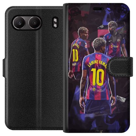 OnePlus Nord 4 Lommeboketui Lamine Yamal i Barcelona-kollage med trøye nummer 10, kraftige poseringer, kontrastfarger og dynamisk sportsmotiv som fre