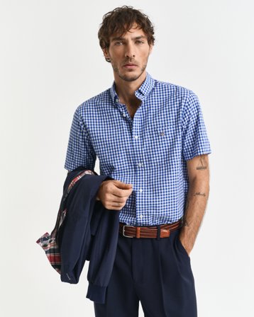 GANT Herren Regular Fit Classic Gingham Popeline Kurzarmhemd (M) Blau