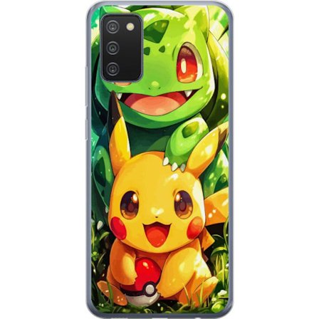 Kompatibel Mobilcover til Samsung Samsung Galaxy A02s Pikachu og Bulbasaur sidder tæt sammen i et soloplyst skovlandskab og spreder varme, venskab og