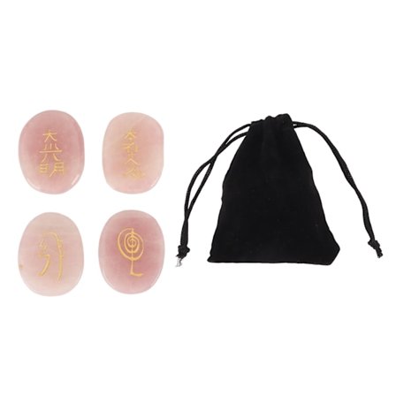 4 stk. Naturlige Runesten med Graverede Reiki Symboler Flade Ovale Meditations Runesten med Opbevaringspose Rosenkvarts