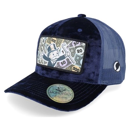 Monopoly - Blå trucker Caps - Monopoly Man Multi Navy Velvet Trucker @ Hatstore