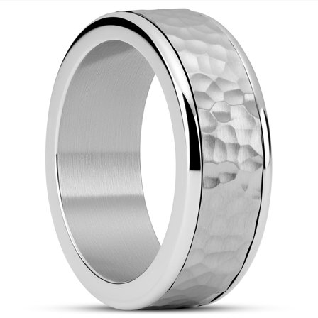 Enthumema | 8 mm Hammered Silver-tone Stainless Steel Fidget Ring for Men - Steel rings