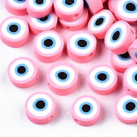 50 stk. Håndlagde Polymerleire Perler Flate Runde med Onde Øye Rosa 10.5~12.5x3.5~4.5mm Hull: 1.5mm