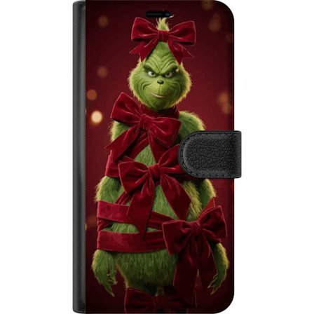 Kompatibel Tegnebogsetui til Motorola Motorola Moto E14 Grinch-figuren dekoreret med røde velourbånd i en festlig studieindstilling med legende og h