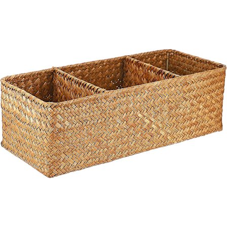 Förvaringskorg i sjögräs med 3 fack - Handvävd korg i rotting med 3 fack för förvaring i hemmet, hyllor, köksskåp, skafferi, badrum, garderob