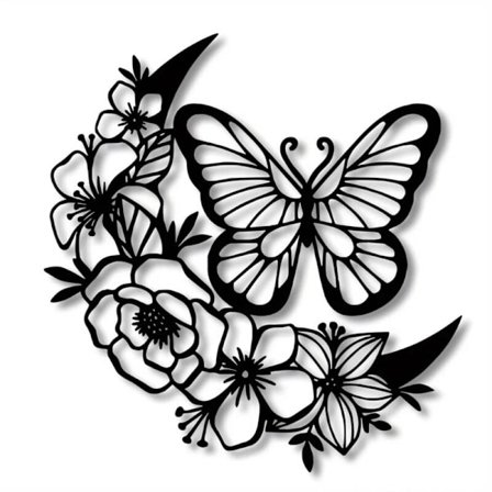 Sort Metal Måne Vægdekoration med Boheme Sommerfugl til Hjemmet, Soveværelset, Badeværelset, Haven (Måne Sommerfugl)