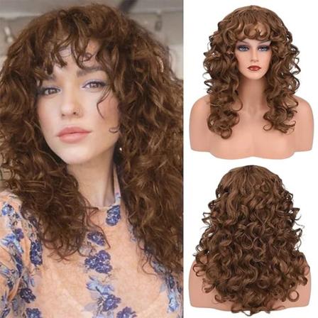 TG Dam Brun Lang Afro Krøllete Parykk Naturlig Hårstykke med Lugg