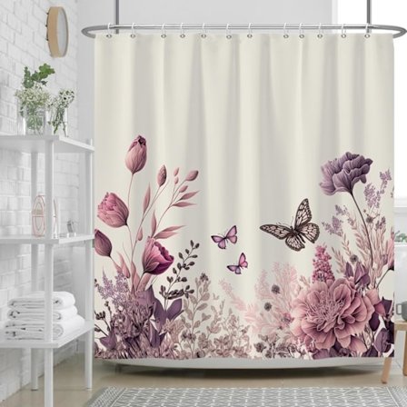 180x180cm Retro Blomster Bruseforhæng Lilla Blomstret Sommerfugl Badeforhæng Vintage Have Landskab Blomster Blomstrende Bruseforhæng Vandtæt Badekar