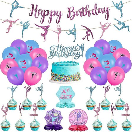 36 stk Gymnastikkfest Dekorasjoner 2 Gymnastikk Bursdagsbannere 3 Bord Honeycomb Senterstykker 12 Cupcake Topper 1 Kake Topper 18 Latex Ba