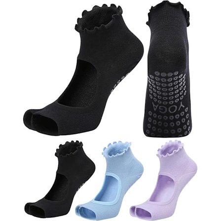 3 Pairs Pilates Socks Toeless with Grips Non Slip Ruffle Yoga Socks Grip Socks for Women