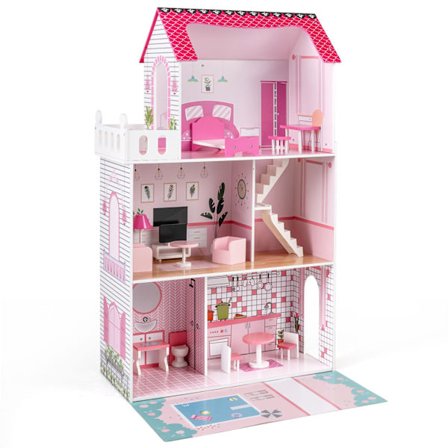 Puinen nukkekoti 17-osaisella kalustesarjalla, 3-kerroksinen