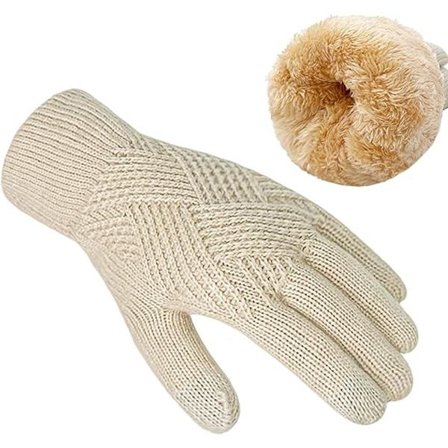 Varme strikkede vinterhandsker til kvinder med touchscreen fleeceforing, beige, til koldt vejr