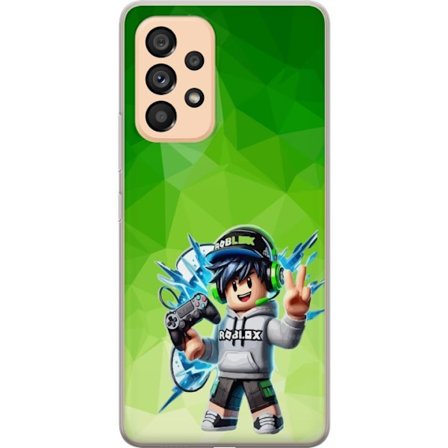 Kompatibelt Mobildeksel til Samsung Galaxy A53 5G Roblox-inspirert gamerfigur med headset, håndkontroll og energiske effekter mot grønn bakgrunn