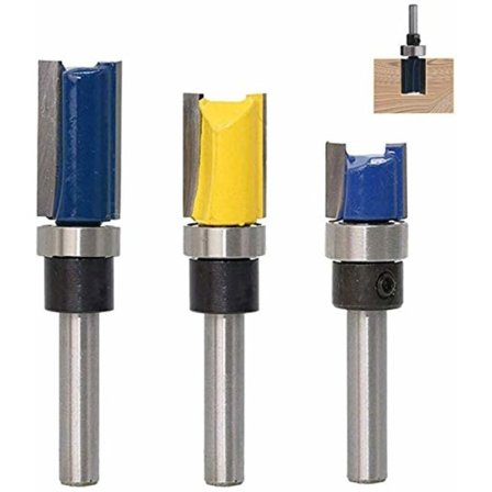 3 stk. 6,35 mm skaft fresestålsett med topplager, rett fres for trebearbeidingsverktøy