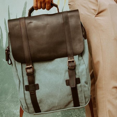 Sac à dos style vintage en toile bleu arctique et cuir foncé pour hommes - Sacs à dos