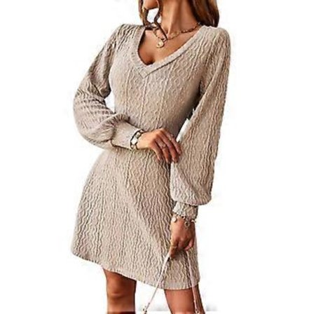 V-ringad Stickad Långärmad Klänning Trendig Elegant Klassisk Midja Slim Fit Dam Tröjklänning för Höst Vinter