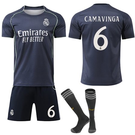 2025-2026 Real Madrid Nya Säsongen Bortaställ Barn Vuxen Fotbollströja Kit med Strumpor No.6 Camavinga