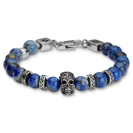 Rico | Bracelet en lapis-lazuli avec tête de mort en acier inoxydable argenté pour hommes - Bracelets en acier - pour Hommes - Arkai