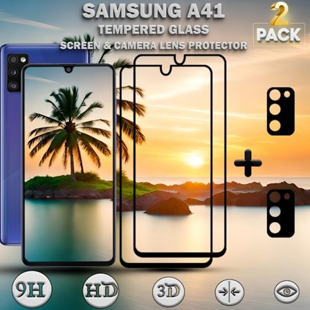 2-Pack Samsung A41 Skärmskydd & 2-Pack linsskydd - Härdat Glas 9H - Super kvalitet 3D