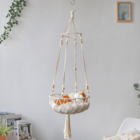 Macrame Katte Hængekøje, Håndvævet Hængende Katteseng, til Indendørs Udendørs Hjemmeindretning Hæng på Væg Kattehængekøje Seng til Sove, Lege