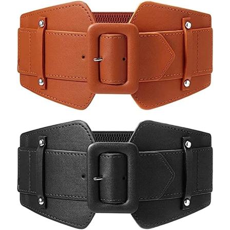 2-pack breda elastiska justerbara vintage korsett bälten för kvinnor, chunky spänne bälte (svart + brun)