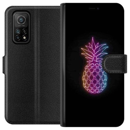 Yhteensopiva Lompakkokotelo Xiaomi Xiaomi Mi 10T Pro 5G Neonkuvitus ananaksesta värikkäässä valossa mustaa taustaa vasten
