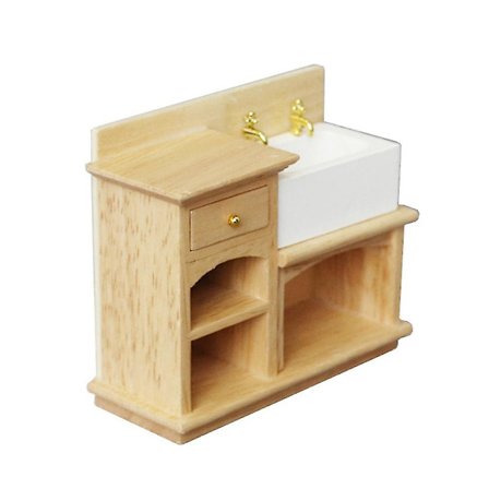 Trä tvättställsskåp med handfat i keramik Miniatyr möbler leksaker för 1/12 badrum kök