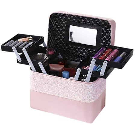 Bærbar kosmetikopbevaringsboks med høj kapacitet til rejser, PU-læder, stor toilettaske, pink, 4-sidet åbning